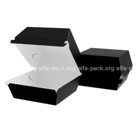 Картонная упаковка для бургера черно-белая  120*120*93 клееная (артикул: 010420019) купить в разделе «Картонная упаковка для бургеров и картофеля фри».
